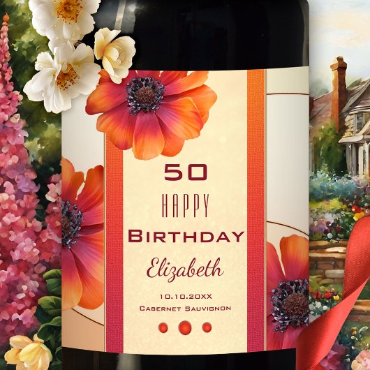 Modern Floral Birthday Wine Label Weinetikett