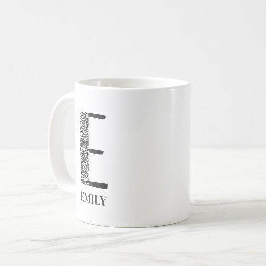 Modern Floral Black and White Initial E and Name Kaffeetasse (Vorderseite Links)
