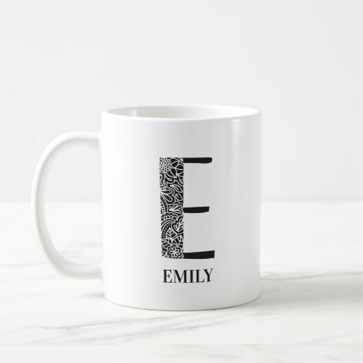 Modern Floral Black and White Initial E and Name Kaffeetasse (Links)
