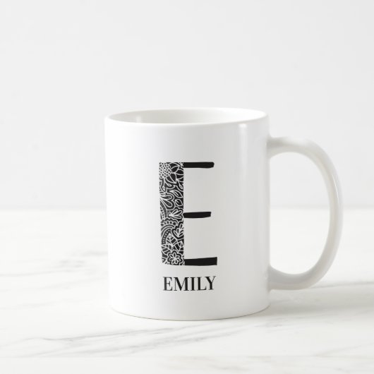 Modern Floral Black and White Initial E and Name Kaffeetasse (Rechts)