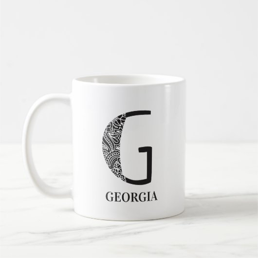 Modern Floral Black and White Initial G and Name Kaffeetasse (Links)