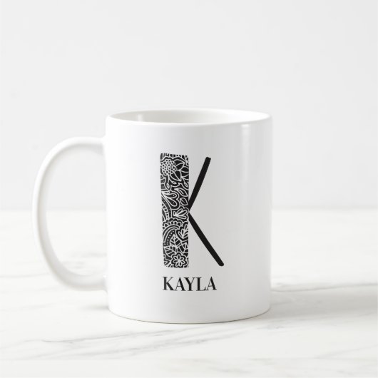 Modern Floral Black and White Initial K and Name Kaffeetasse (Links)