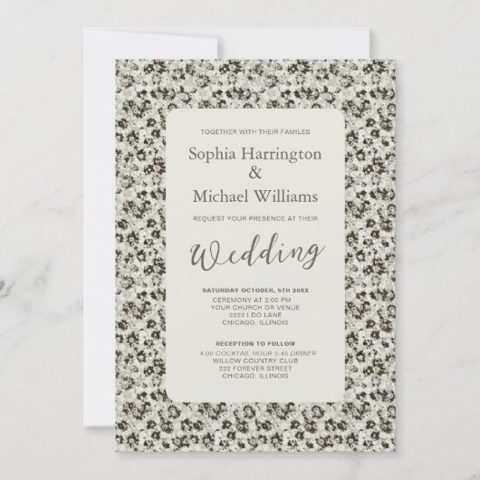 Modern Floral Black & White Wedding Invite QR Code Einladung (Vorderseite)