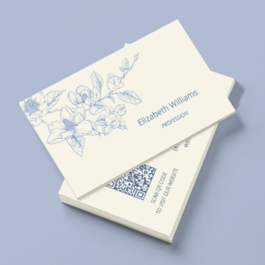 Modern Floral Blue Cream Magnolia | QR-Code Visitenkarte