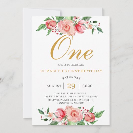 Modern Floral Blush Pink Gold Wasserfarbe Geburtst Einladung (Vorderseite)