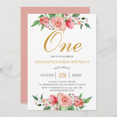 Modern Floral Blush Pink Gold Wasserfarbe Geburtst Einladung (Vorne/Hinten)