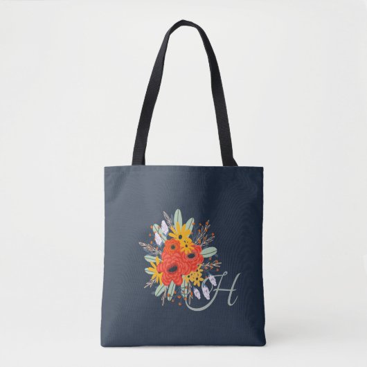 Modern Floral Bouquet Monogram Blue Tasche (Vorderseite)