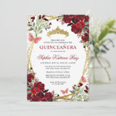 Modern Floral Burgundy Red Gold Tiara Quinceañera Einladung (Stehend Vorderseite)