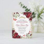 Modern Floral Burgundy Red Gold Tiara Quinceañera Postkarte (Stehend Vorderseite)