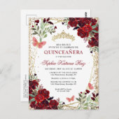 Modern Floral Burgundy Red Gold Tiara Quinceañera Postkarte (Vorne/Hinten)
