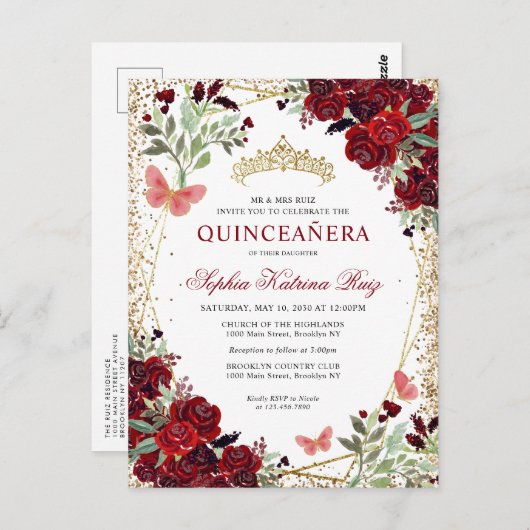 Modern Floral Burgundy Red Gold Tiara Quinceañera Postkarte (Vorne/Hinten)