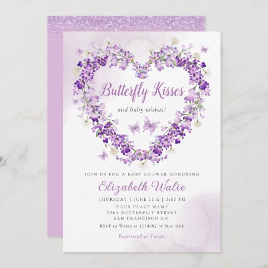 Modern Floral Butterfly Kisses Girl Baby Dusche Einladung (Vorne/Hinten)