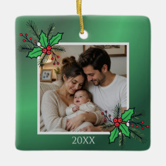 Modern Floral Christmas Photo Frame Keramikornament