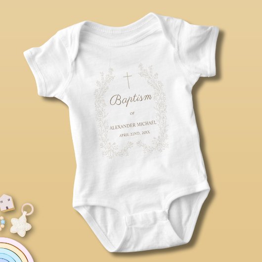 Modern Floral Cross Christian Catholic Baptism Baby Strampler