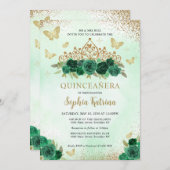 Modern Floral Emerald Green Gold Tiara Quinceañera Einladung (Vorne/Hinten)