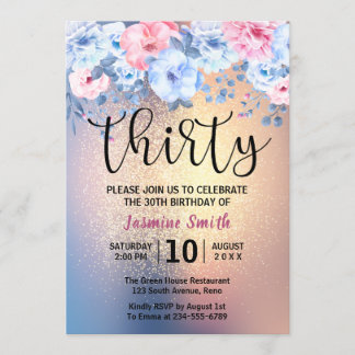 Modern Floral Gold Glitzer 30. Geburtstag Einladung
