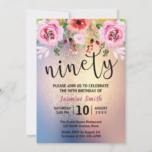 Modern Floral Gold Glitzer 90. Geburtstag Einladung (Vorderseite)
