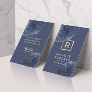 Modern Floral Gold Monogram Logo Elegant Navy Blue Visitenkarte