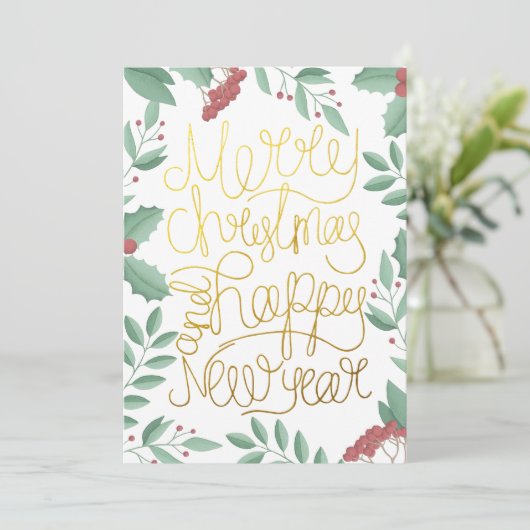 Modern Floral Gouache Gold Script Weihnachtskarte (Stehend Vorderseite)