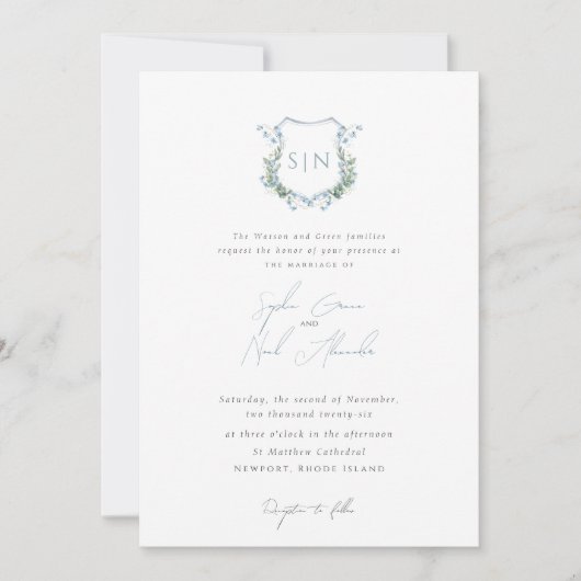 Modern Floral Monogram Crest Formal Wedding Einladung (Vorderseite)