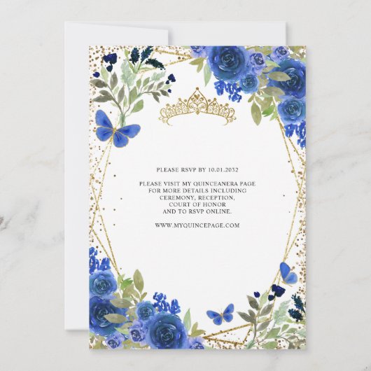 Modern Floral Navy Blue Gold Tiara Quinceañera Einladung (Rückseite)