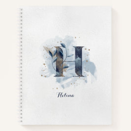 Modern Floral Personal Monogram Letter H Blue Gold Notizblock