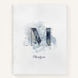 Modern Floral Personal Monogram Letter M Blue Gold Notizblock