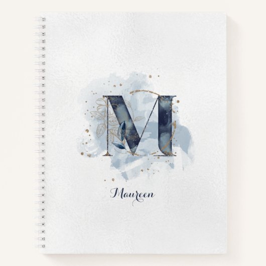Modern Floral Personal Monogram Letter M Blue Gold Notizblock (Vorderseite)