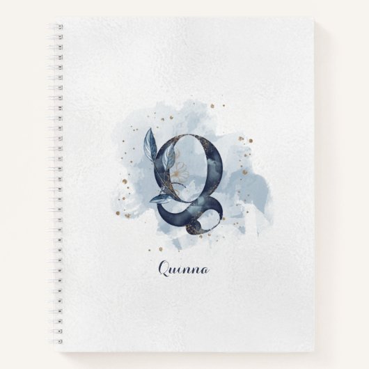 Modern Floral Personal Monogram Letter Q Blue Gold Notizblock (Vorderseite)