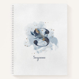 Modern Floral Personal Monogram Letter S Blue Gold Notizblock