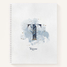 Modern Floral Personal Monogram Letter T Blue Gold Notizblock