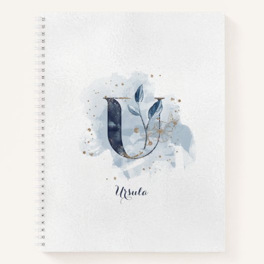 Modern Floral Personal Monogram Letter U Blue Notizblock (Vorderseite)