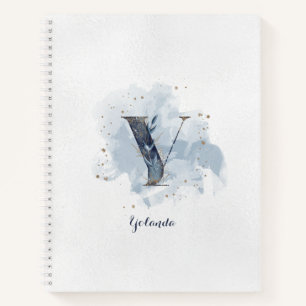 Modern Floral Personal Monogram Letter Y Blue Gold Notizblock