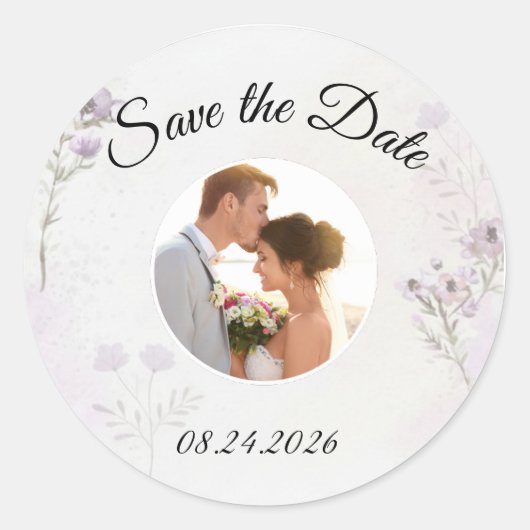Modern Floral Photo Save the Date Runder Aufkleber (Vorderseite)