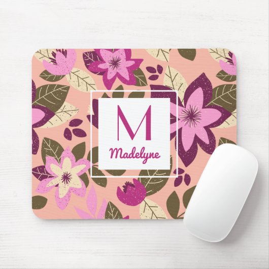 Modern Floral Pink Orange Muster Monogram Mousepad (Mit Mouse)