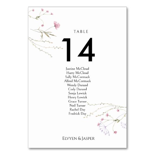 Modern Floral Pink Wild Flower Seating Chart &  Tischnummer (Vorderseite)