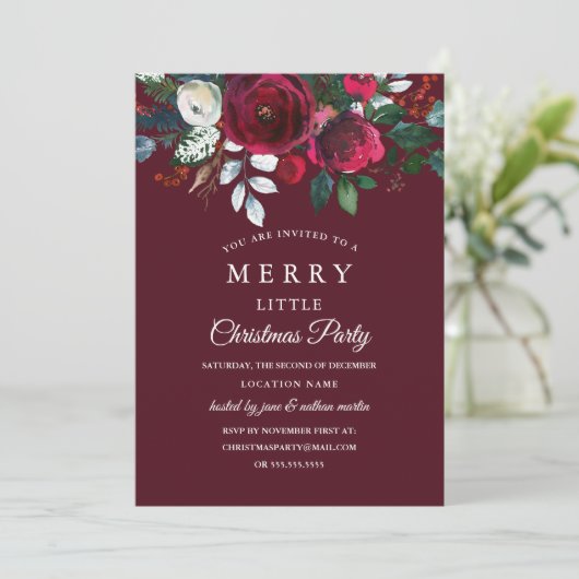 Modern Floral Red Burgund Weihnachts-Party Einladung (Stehend Vorderseite)