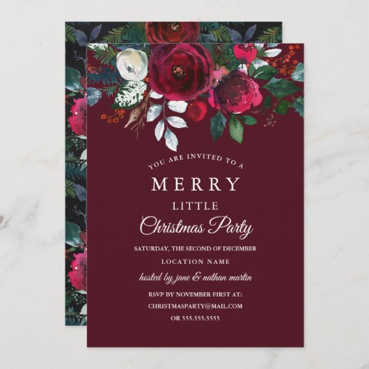 Modern Floral Red Burgund Weihnachts-Party Einladung (Vorne/Hinten)