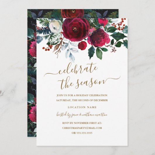 Modern Floral Red Burgundi Gold Holiday Party Einladung (Vorne/Hinten)