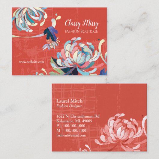 Modern Floral Scarlet Red Visitenkarte (Vorne/Hinten)