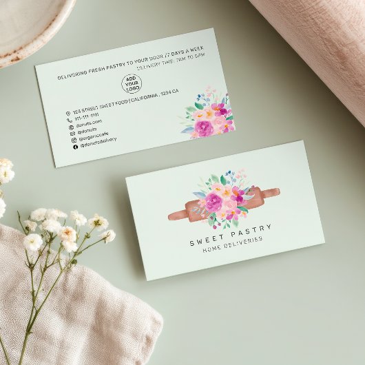 Modern floral watercolor pastry bakery rolling pin visitenkarte