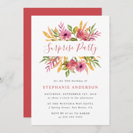 Modern Floral Watercolor Spring Surprise Party Einladung (Vorne/Hinten)
