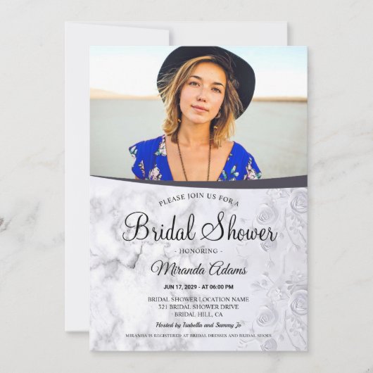 Modern Floral White Marble Foto von Bridal Shower Einladung (Vorderseite)