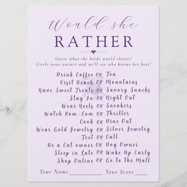 Modern Floral Would She Rather Bridal Shower Game  (Vorderseite)
