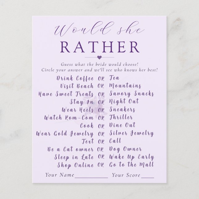 Modern Floral Would She Rather Bridal Shower Game  (Vorderseite)