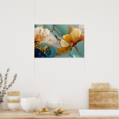 Modern Fluid Abstract Teal Gold Bubbles & Veins Poster (Küche)