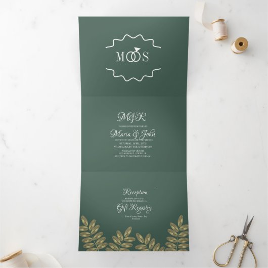 Modern Foil Greenerity Ring Wedding Logo Dreifach Gefaltete Einladung (Innenseite)