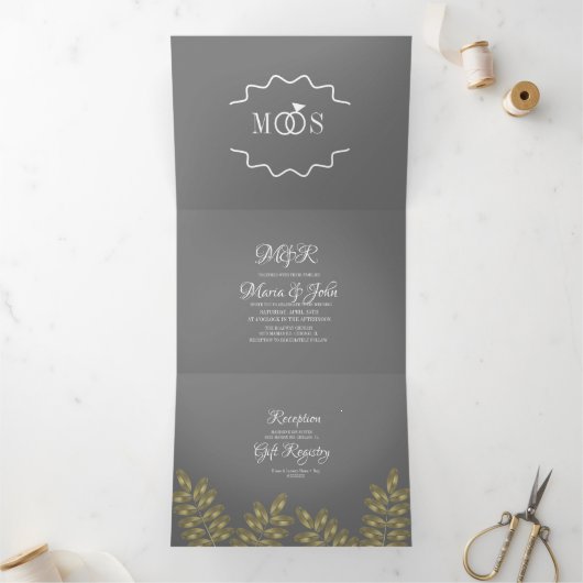 Modern Foil Greenerity Ring Wedding Logo Dreifach Gefaltete Einladung (Innenseite)