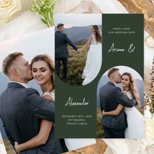 Modern Forest Green Foto Arch Wedding Save The Date