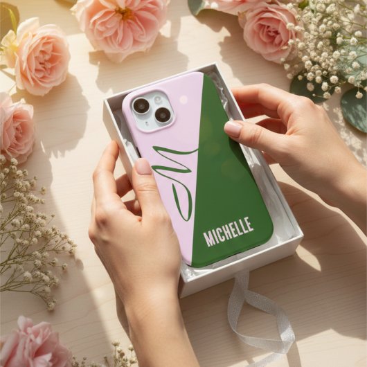 Modern Forest Green & Soft Pink Two Tone Monogram Case-Mate iPhone Hülle
